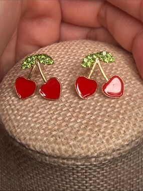 Red Cherry Stud Earrings with Green Crystal Leaves